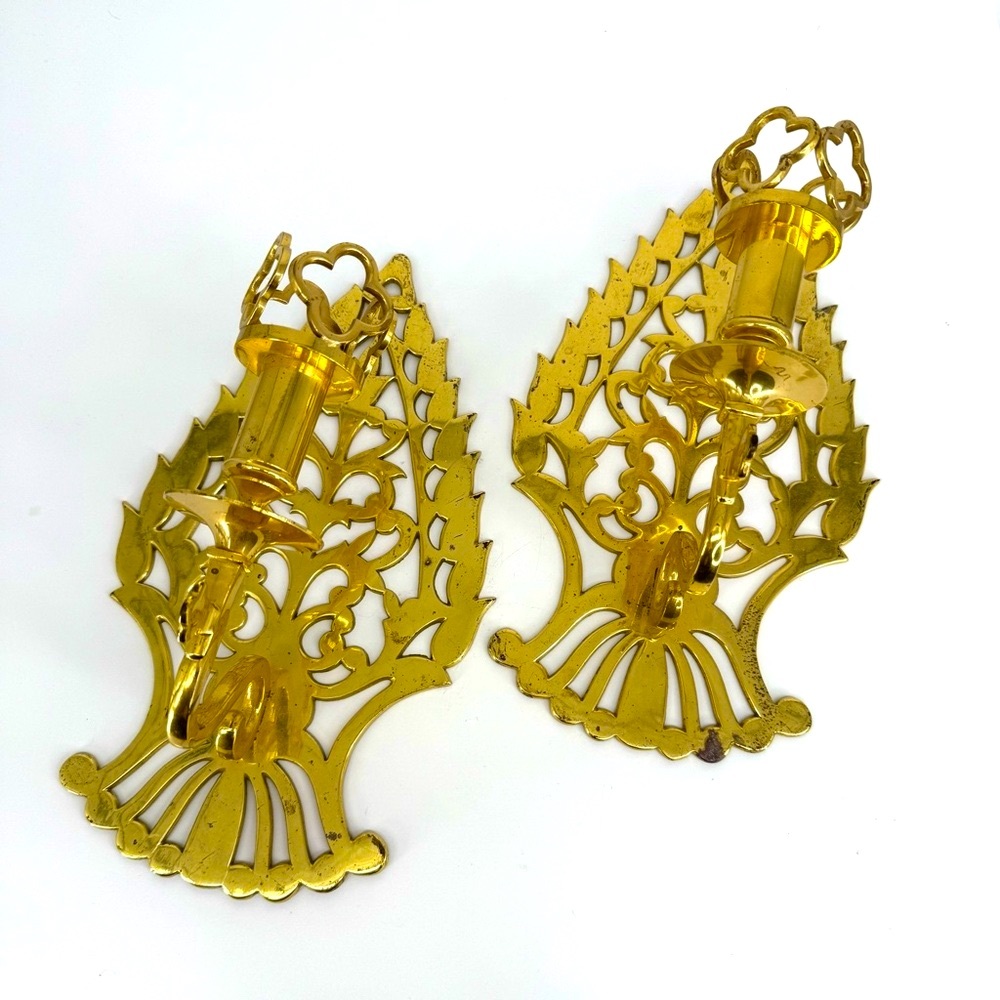 Baldwin Brass Gothic Revival Ornate Brass Quatrefoil Candle Sconces Vintage Set